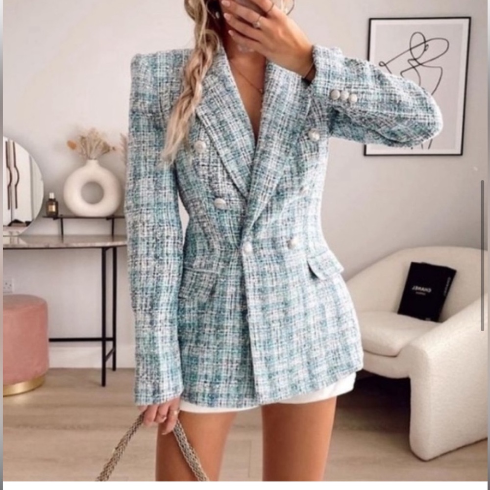 Zara Tweed Double-Breasted Blazer Jacket in Light Blue and White